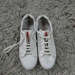 Authentic Prada America's Cup Sneakers White Leather Red Logo Lace Up EU 37.5
